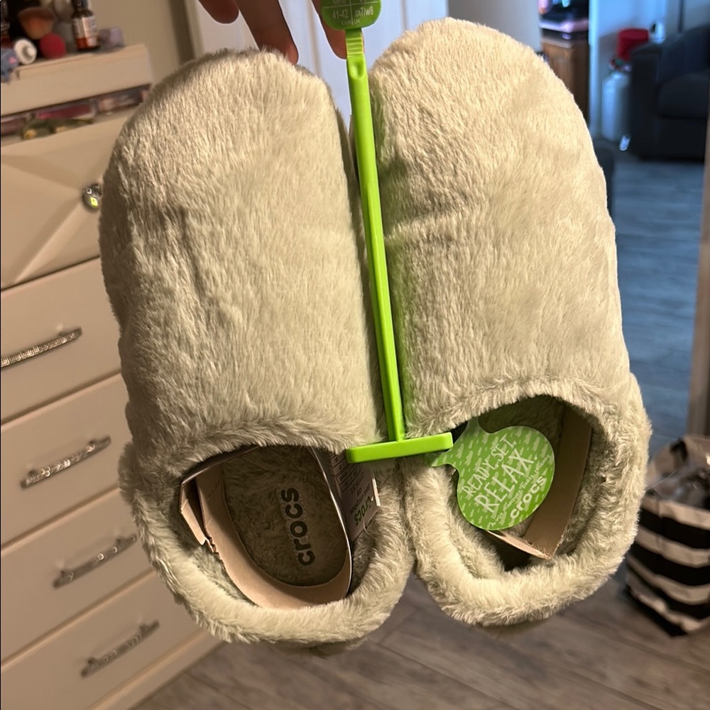 Crocs Light Green Fuzzy Slippers
